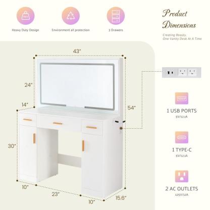 Tocador blanco con espejo iluminado y toma de corriente, tocador de maquillaje con cajones, soporte para dormitorio de niña