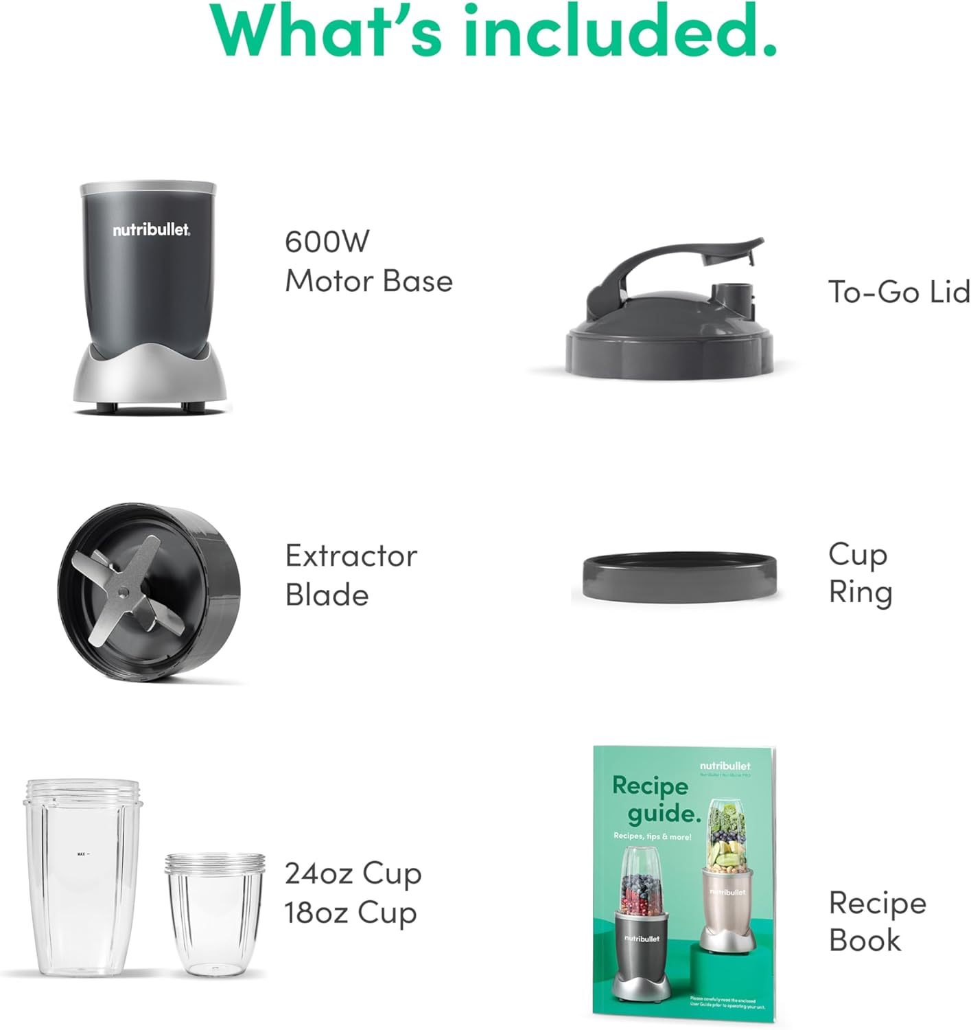 Nutribullet Licuadora personal para batidos, batidos, preparación de alimentos y mezcla congelada, 24 onzas, 600 W, gris, (NBR-0601)