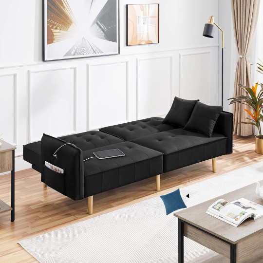 Yaheetech Sofá cama convertible moderno futón sofás, cama plegable y abajo, tela de lino reclinable para sala de estar, color gris-almohada