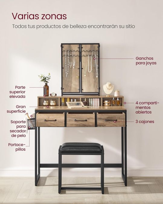 Juego de Mesa de Maquillaje con Espejo Triple, Tocador con Espejo y Taburete, 3 Cajones, Escritorio de Maquillaje, Soporte para Secador, Industrial, Marrón Rústico y Negro RVT004B01