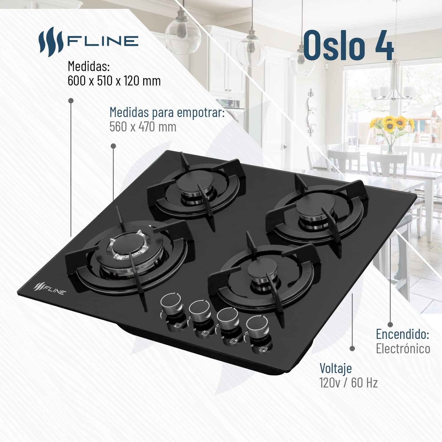FLINE Parrilla de Gas Empotrable 4 Quemadores | Vidrio Templado | Estufa Eléctrica Empotrable | Parrilla Inducción | Estufas de Gas de Mesa | Quemadores, 4 Parrillas
