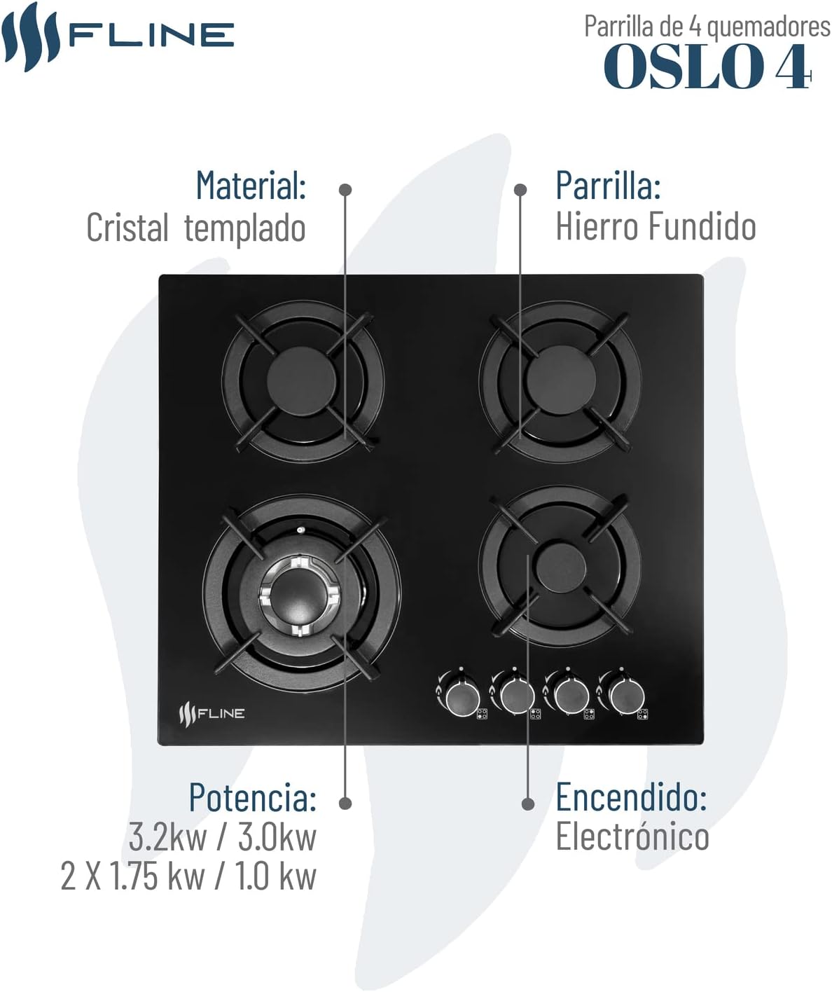 FLINE Parrilla de Gas Empotrable 4 Quemadores | Vidrio Templado | Estufa Eléctrica Empotrable | Parrilla Inducción | Estufas de Gas de Mesa | Quemadores, 4 Parrillas