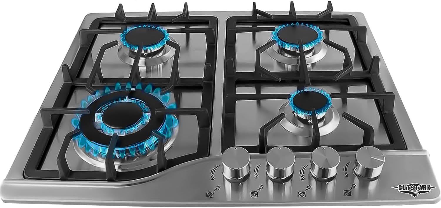 Just Home - Gutstark Parrilla de Gas Empotrable (Natural o LP) Parrilla 4 Quemadores Acero Inoxidable Parrilla para Cocina Encendido Electronico Medidas (59x45x9cm) Estufa Empotrable 4 Quemadores