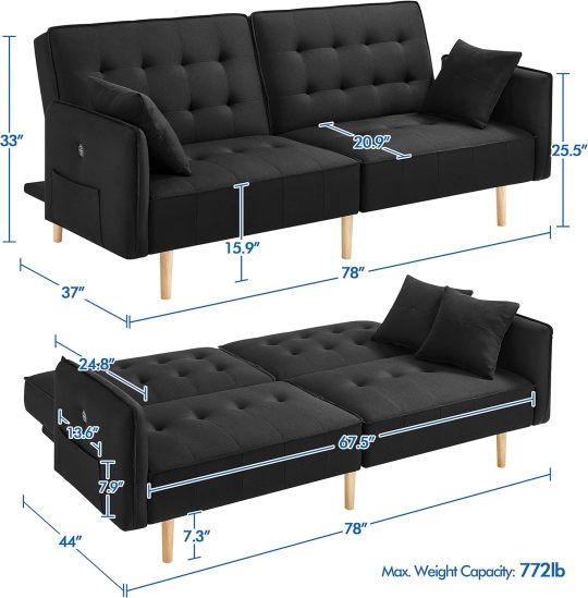Yaheetech Sofá cama convertible moderno futón sofás, cama plegable y abajo, tela de lino reclinable para sala de estar, color gris-almohada