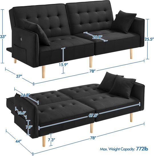 Yaheetech Sofá cama convertible moderno futón sofás, cama plegable y abajo, tela de lino reclinable para sala de estar, color gris-almohada