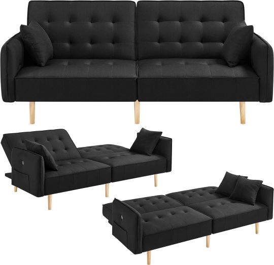 Yaheetech Sofá cama convertible moderno futón sofás, cama plegable y abajo, tela de lino reclinable para sala de estar, color gris-almohada