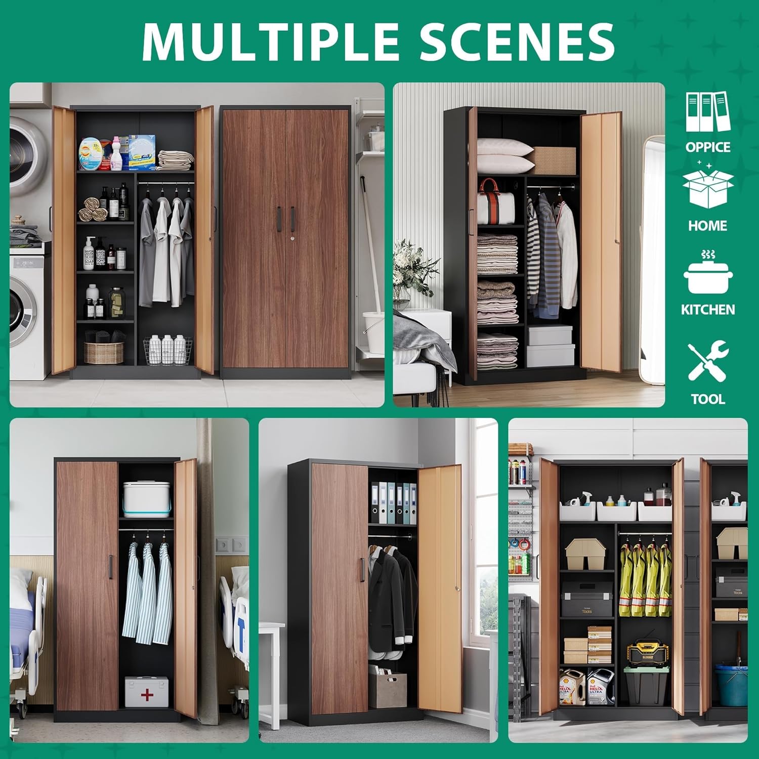 Letaya - Armarios de almacenamiento de metal, 72 pulgadas, clóset de acero con puerta de bloqueo para oficina, hogar, escuela, gimnasio, departamento de bomberos, hotel (color de grano de madera)