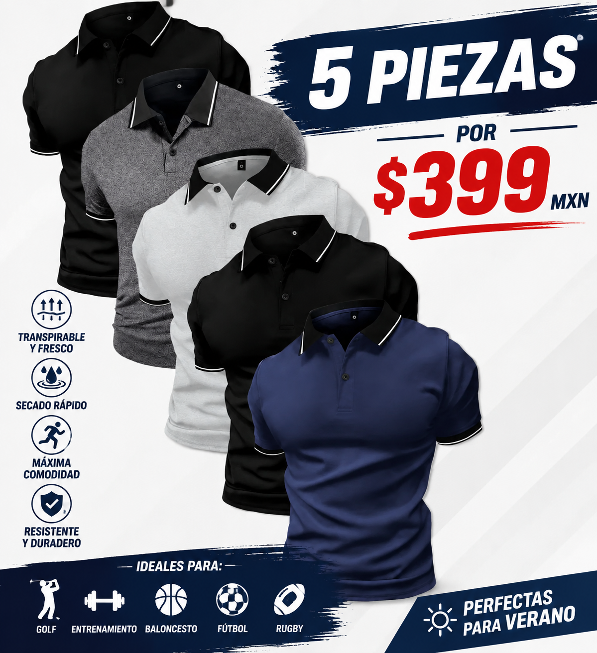 5 piezas de ropa de golf para hombres, camiseta polo de manga corta, camiseta polo deportiva de ocio para exteriores, camiseta polo de unicolor a juego, ropa de entrenamiento de fitness, baloncesto, fútbol, rugby, golf, ropa de verano