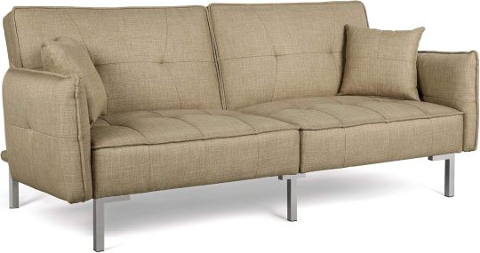 Yaheetech Sofá cama convertible moderno futón sofás, cama plegable y abajo, tela de lino reclinable para sala de estar, color gris-almohada