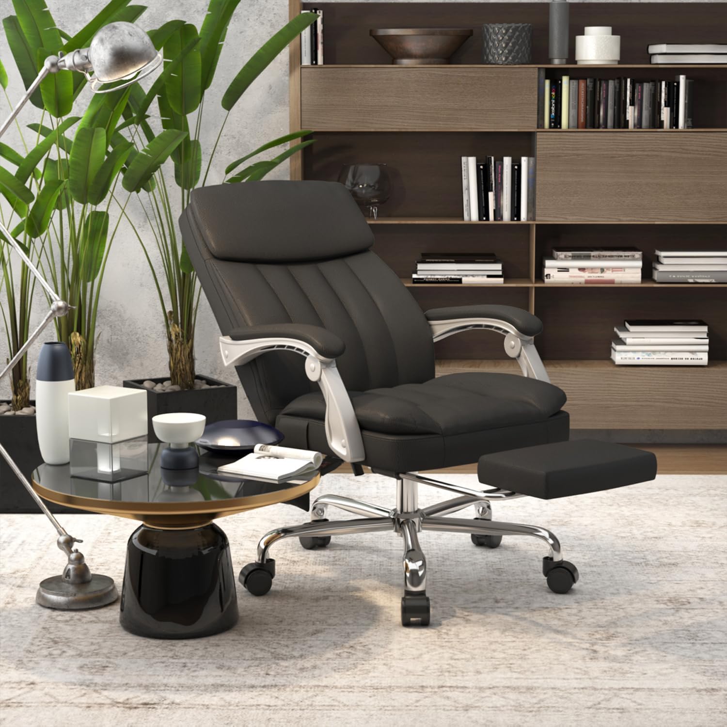 Silla Oficina Masaje con Respaldo Alto y 6 Puntos Masaje, Silla Escritorio Ejecutiva Ergonómica con Reposapiés y Apoyabrazos, Altura del Asiento Ajustable, Negro