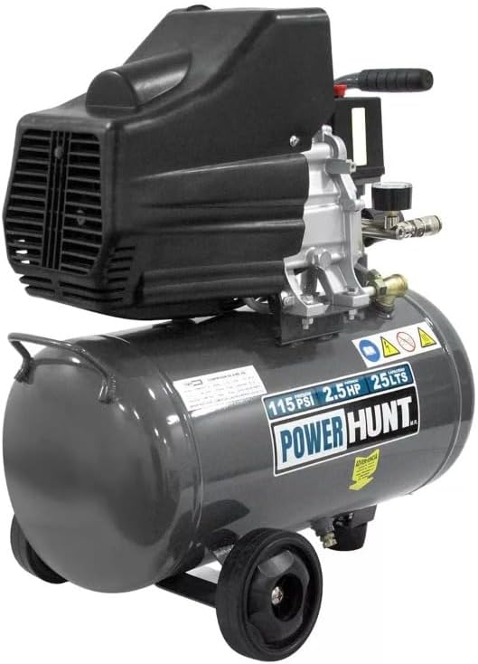 Compresor de aire 25 litros para pintar motor de 2.5 hp, 115 psi, sopletear, barnizar, con doble conexión rápida. Incluye manguera para compresor de 3 metros y pistola de gravedad.