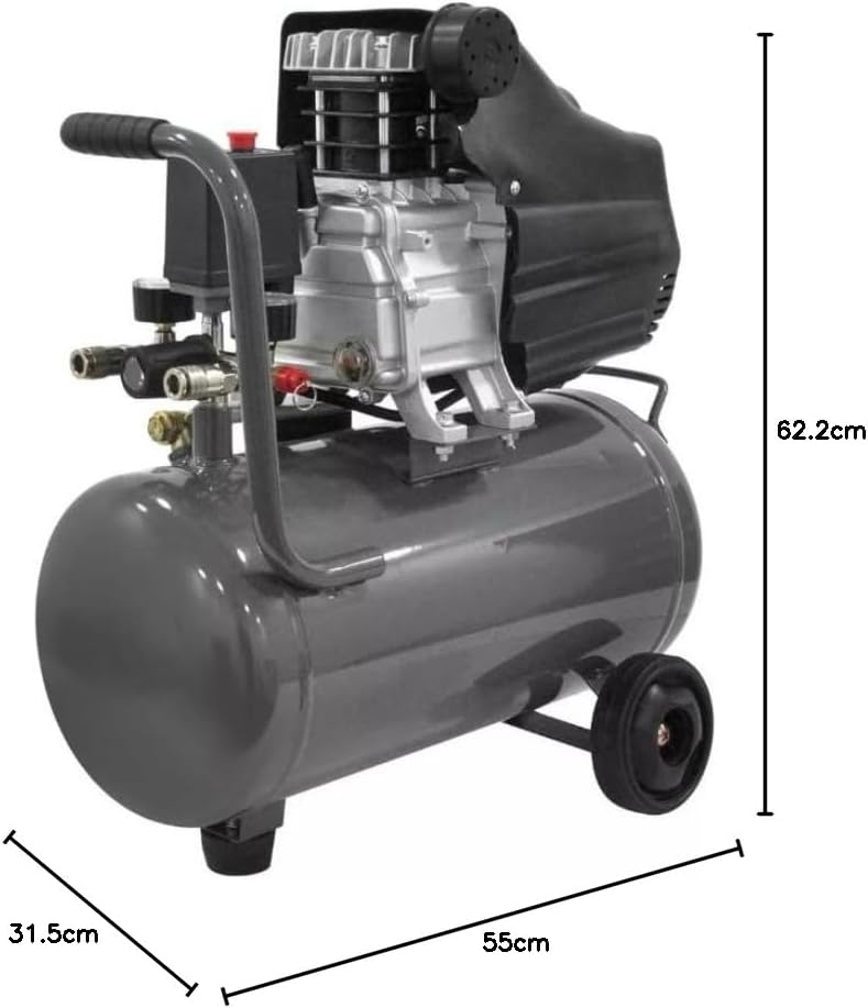 Compresor de aire 25 litros para pintar motor de 2.5 hp, 115 psi, sopletear, barnizar, con doble conexión rápida. Incluye manguera para compresor de 3 metros y pistola de gravedad.