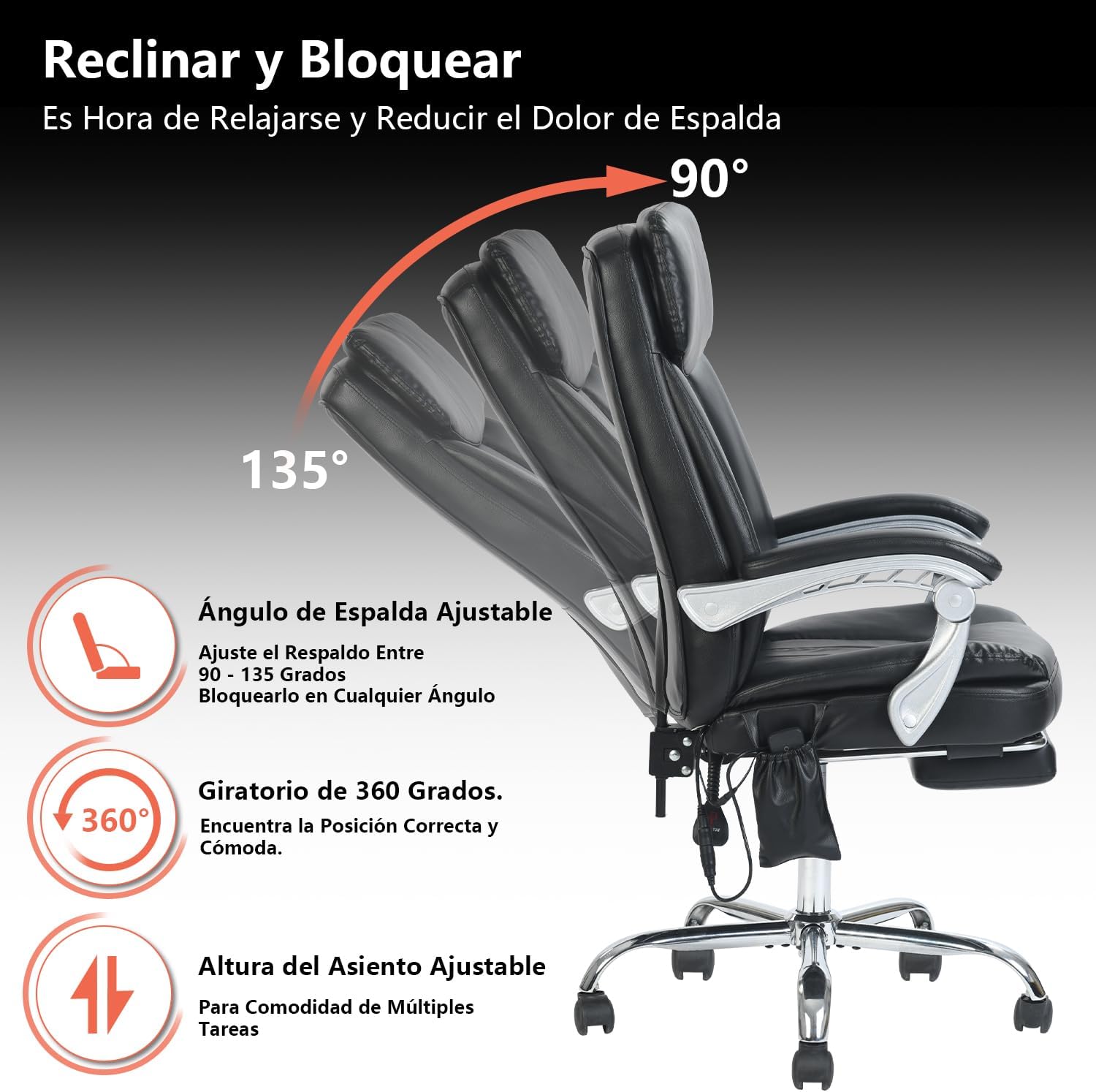 Silla Oficina Masaje con Respaldo Alto y 6 Puntos Masaje, Silla Escritorio Ejecutiva Ergonómica con Reposapiés y Apoyabrazos, Altura del Asiento Ajustable, Negro