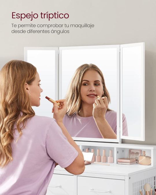 Juego de Mesa de Maquillaje con Espejo Triple, Tocador con Espejo y Taburete, 3 Cajones, Escritorio de Maquillaje, Soporte para Secador, Industrial, Marrón Rústico y Negro RVT004B01