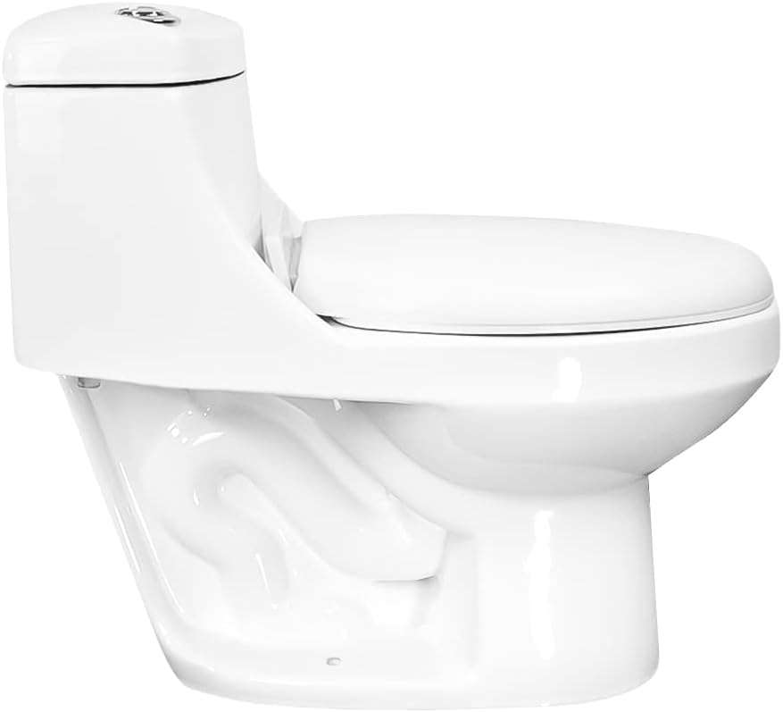 Inodoro de una Pieza para Baño, WC Escusado Color Blanco en Cerámica con Válvula de Carga y Descarga, con Asiento de Cierre Suave.