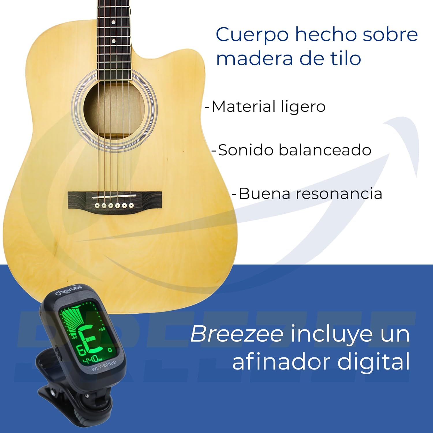 BREEZEE Guitarra Electroacústica de 41 Pulgadas con Cuerdas de Metal, Ecualizador de 4 Bandas, Incluye Funda, Afinador, Cuerdas Extra, Cable Auxiliar y Más, Guitarra Para Expertos Y Principiantes