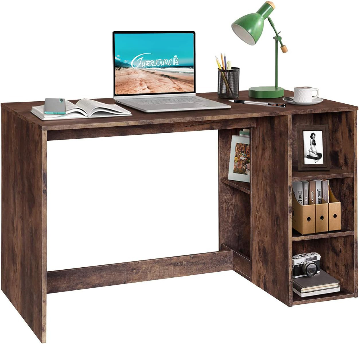 FurnitureR Escritorio para Computadora de Oficina con Almacenamiento Escritorio de Trabajo y Estudio con 5 Estantes Mesa Portátil para Estudiantes Escritorio de Escritura Moderno Haya y Blanco-Bolígrafo de carbono metálico, bolígrafo de firma negro.