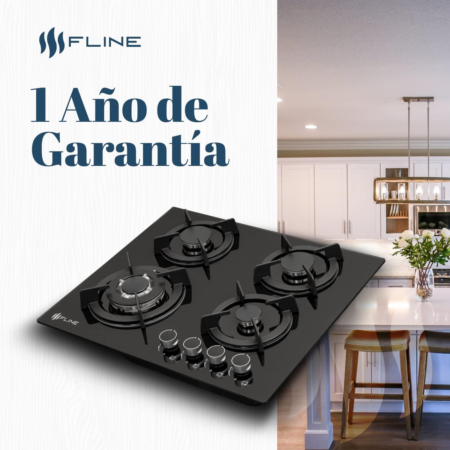 FLINE Parrilla de Gas Empotrable 4 Quemadores | Vidrio Templado | Estufa Eléctrica Empotrable | Parrilla Inducción | Estufas de Gas de Mesa | Quemadores, 4 Parrillas
