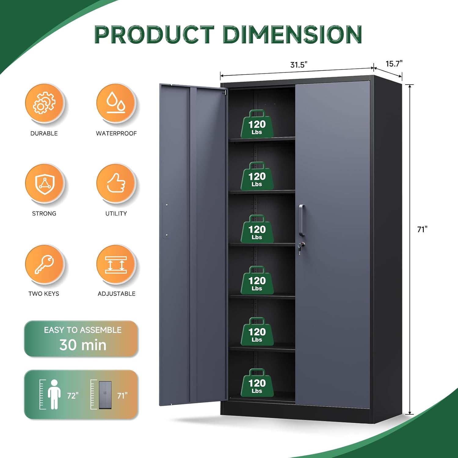 Letaya - Armarios de almacenamiento de metal, 72 pulgadas, clóset de acero con puerta de bloqueo para oficina, hogar, escuela, gimnasio, departamento de bomberos, hotel (color de grano de madera)