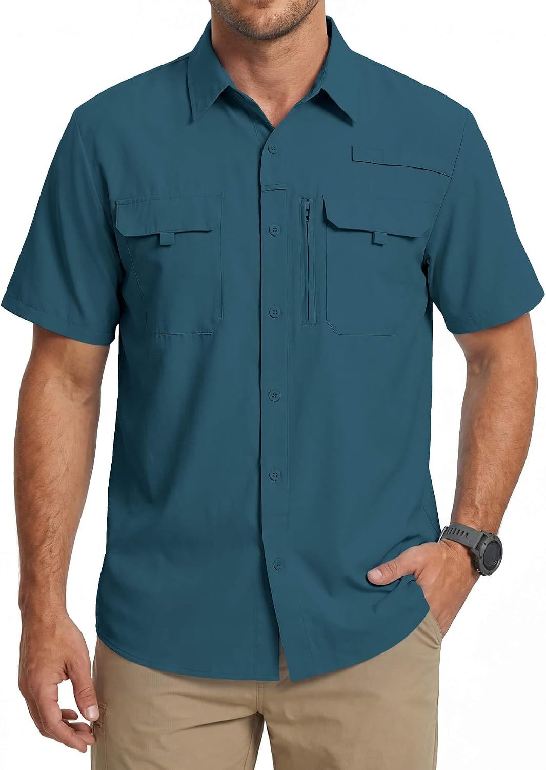 Camisa de trabajo para hombre de verano de manga corta y secado rápido, táctica para exteriores con múltiples bolsillos, transpirable con protección solar y diseño de malla en la espalda