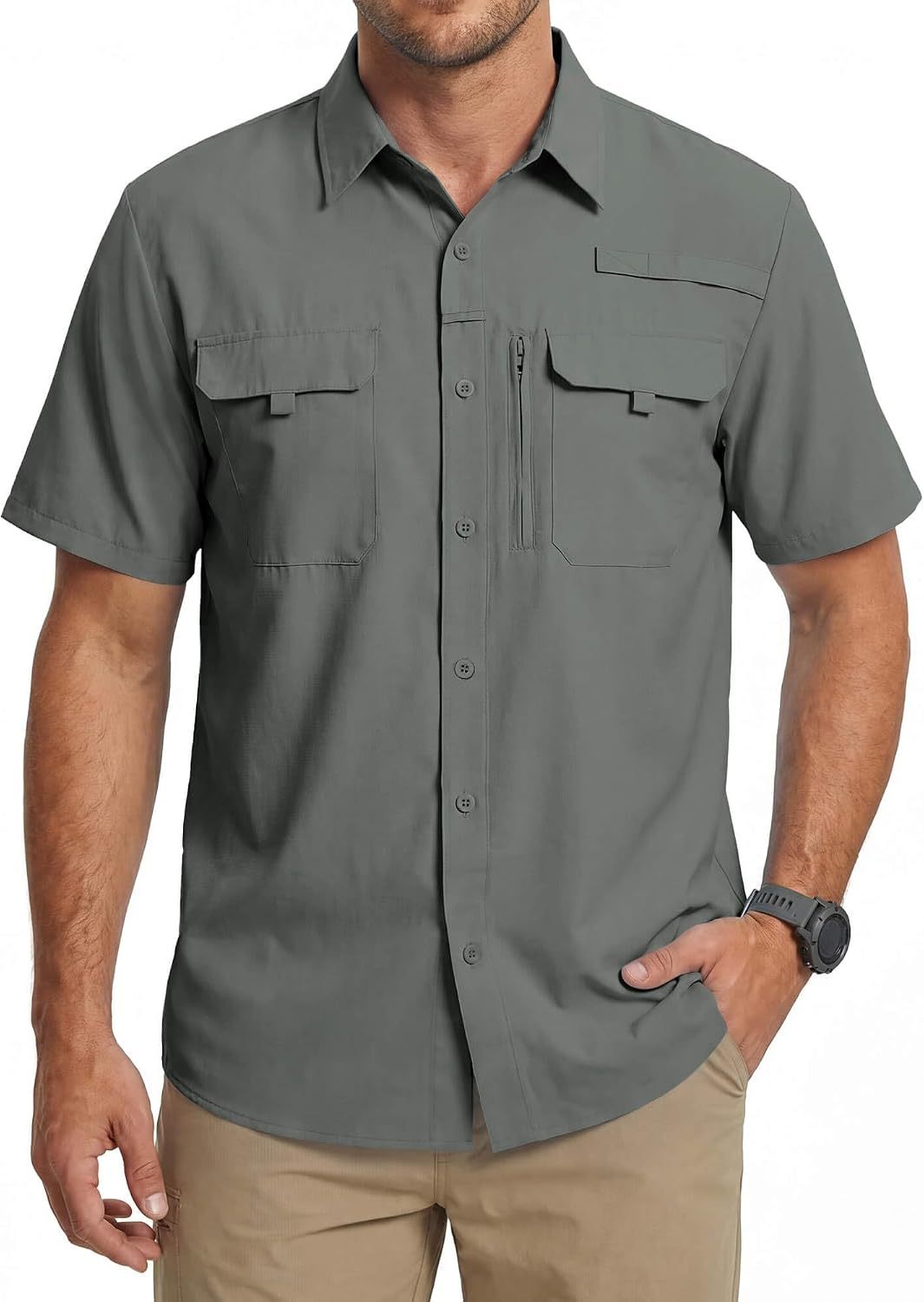 Camisa de trabajo para hombre de verano de manga corta y secado rápido, táctica para exteriores con múltiples bolsillos, transpirable con protección solar y diseño de malla en la espalda