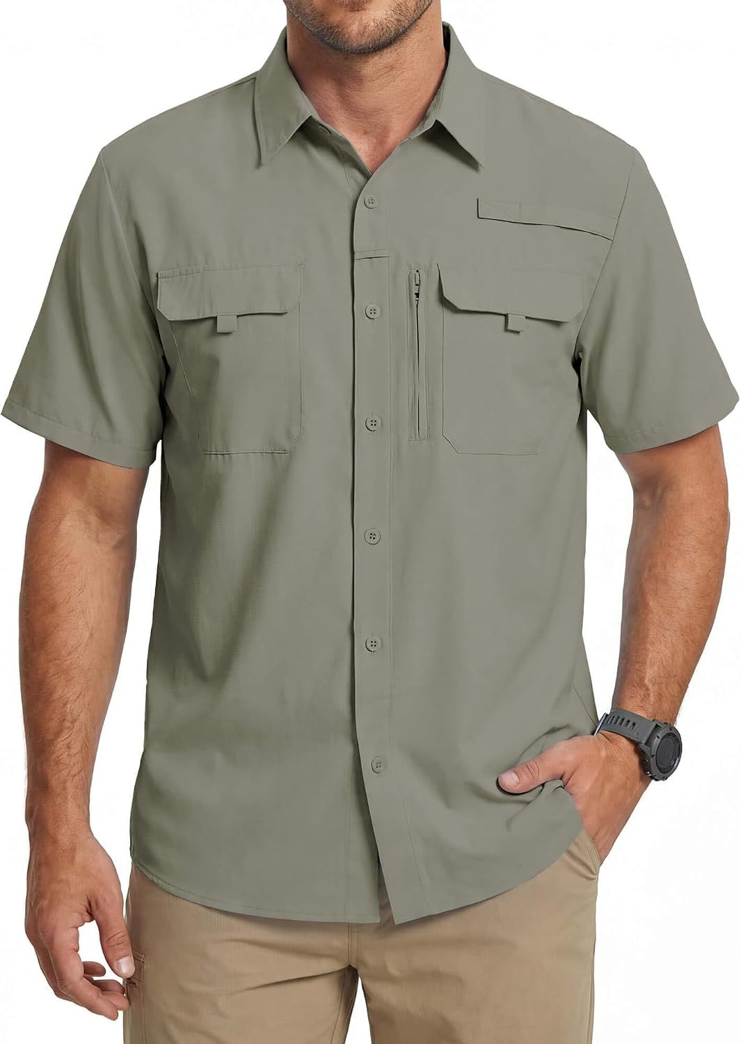 Camisa de trabajo para hombre de verano de manga corta y secado rápido, táctica para exteriores con múltiples bolsillos, transpirable con protección solar y diseño de malla en la espalda