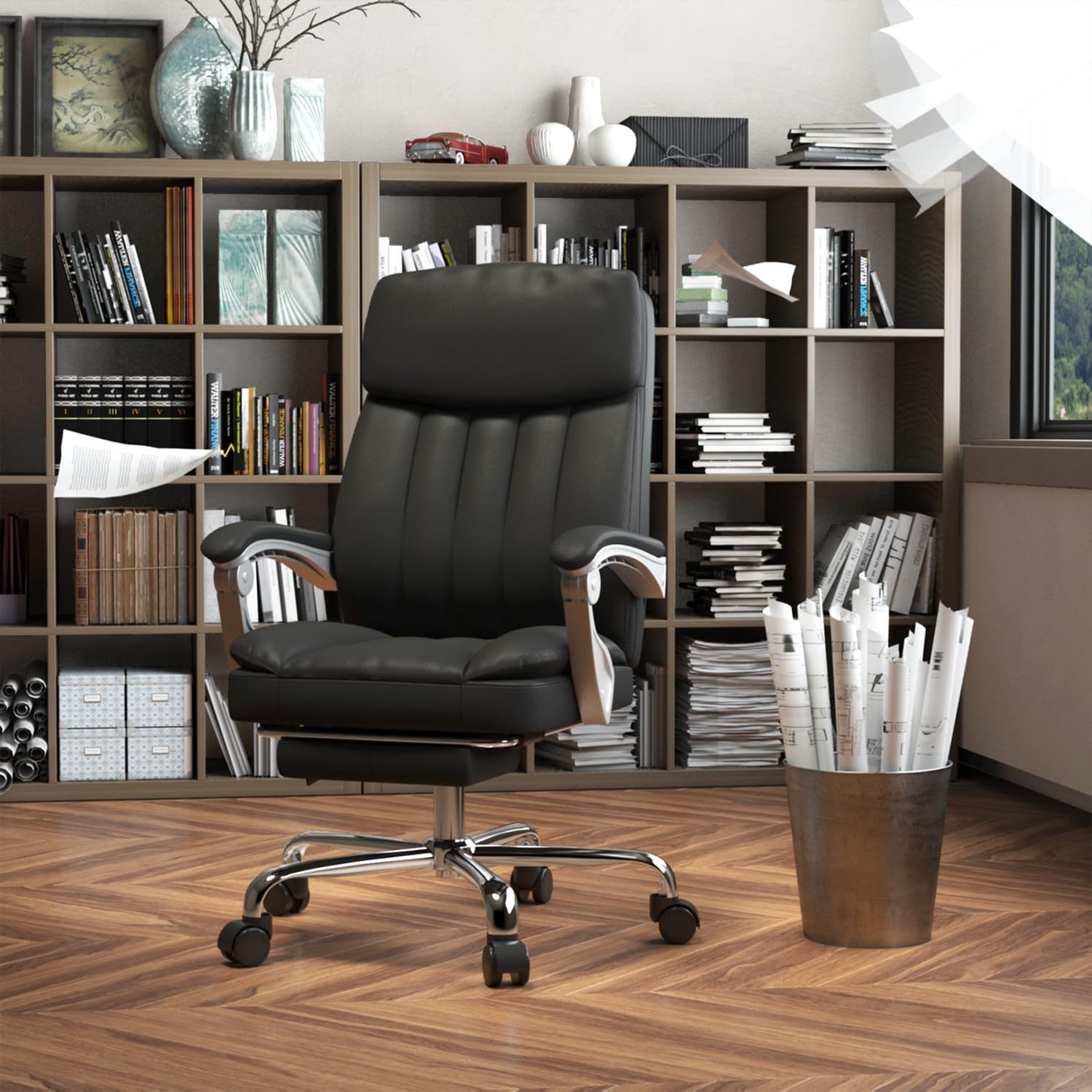 Silla Oficina Masaje con Respaldo Alto y 6 Puntos Masaje, Silla Escritorio Ejecutiva Ergonómica con Reposapiés y Apoyabrazos, Altura del Asiento Ajustable, Negro
