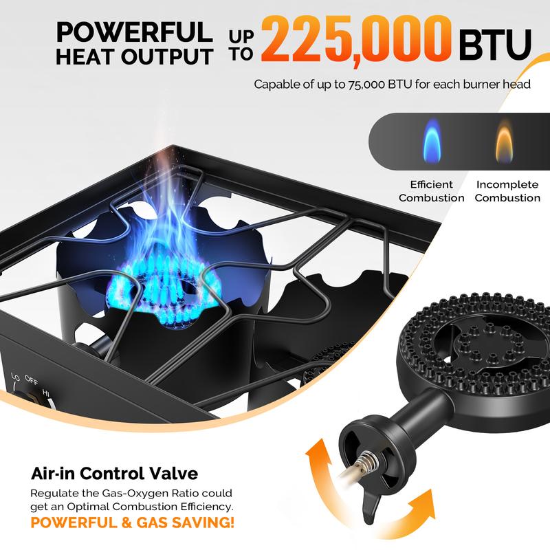 Cocina de gas propano de 1/2/3 quemadores, 75000 BTU/150000 BTU/225000 BTU, quemador de alta presión para exteriores con regulador certificado por CSA, ideal para acampar, preparar cerveza casera, jarabe de arce, cocinar en el patio, freír pavo y conserva