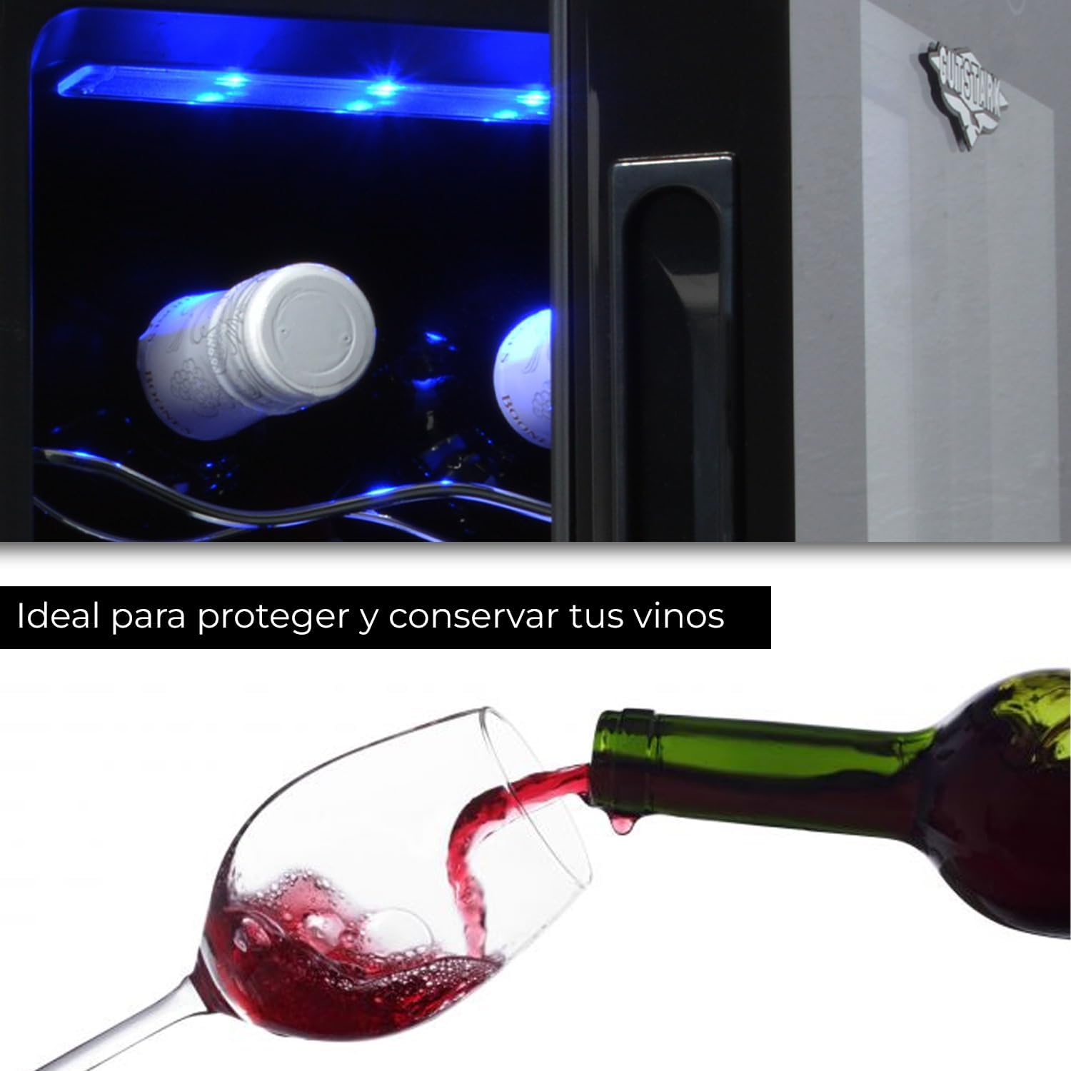 RACK & PACK Cava de Vinos para 8 Botellas 3 Rejillas Control de Temperatura Digital Iluminacion Led Azul Enfriador de Vinos Refrigerador para Vino Frigobar 8 – 18° C 55 W 22 L sin Vibraciones