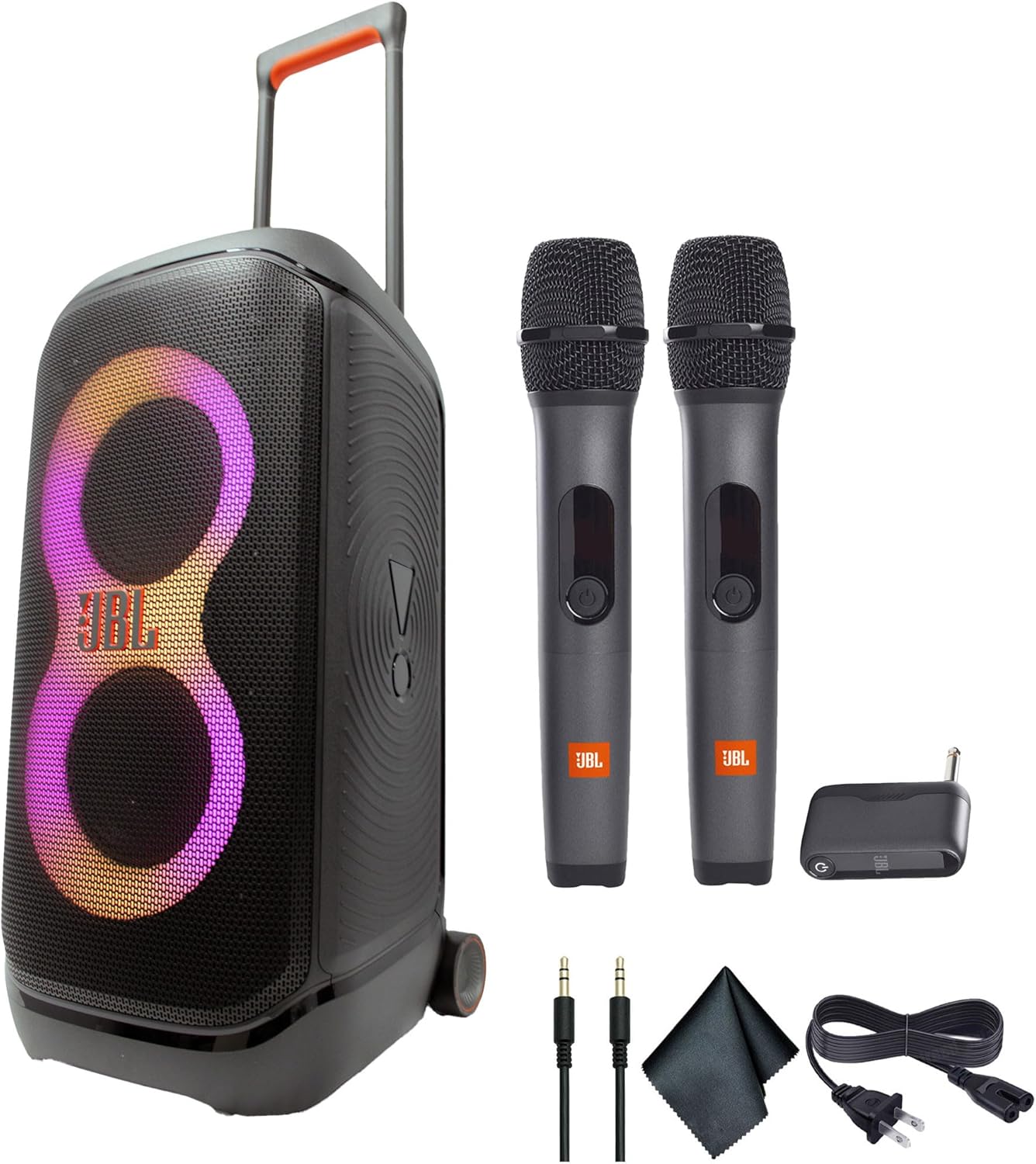 JBL PartyBox Stage 320 - Altavoz inalámbrico portátil de 240 W, batería de 18 horas, a prueba de salpicaduras (JBLPARTYBOX320AM) + sistema inalámbrico de dos micrófonos con receptor + cable AUX + paño