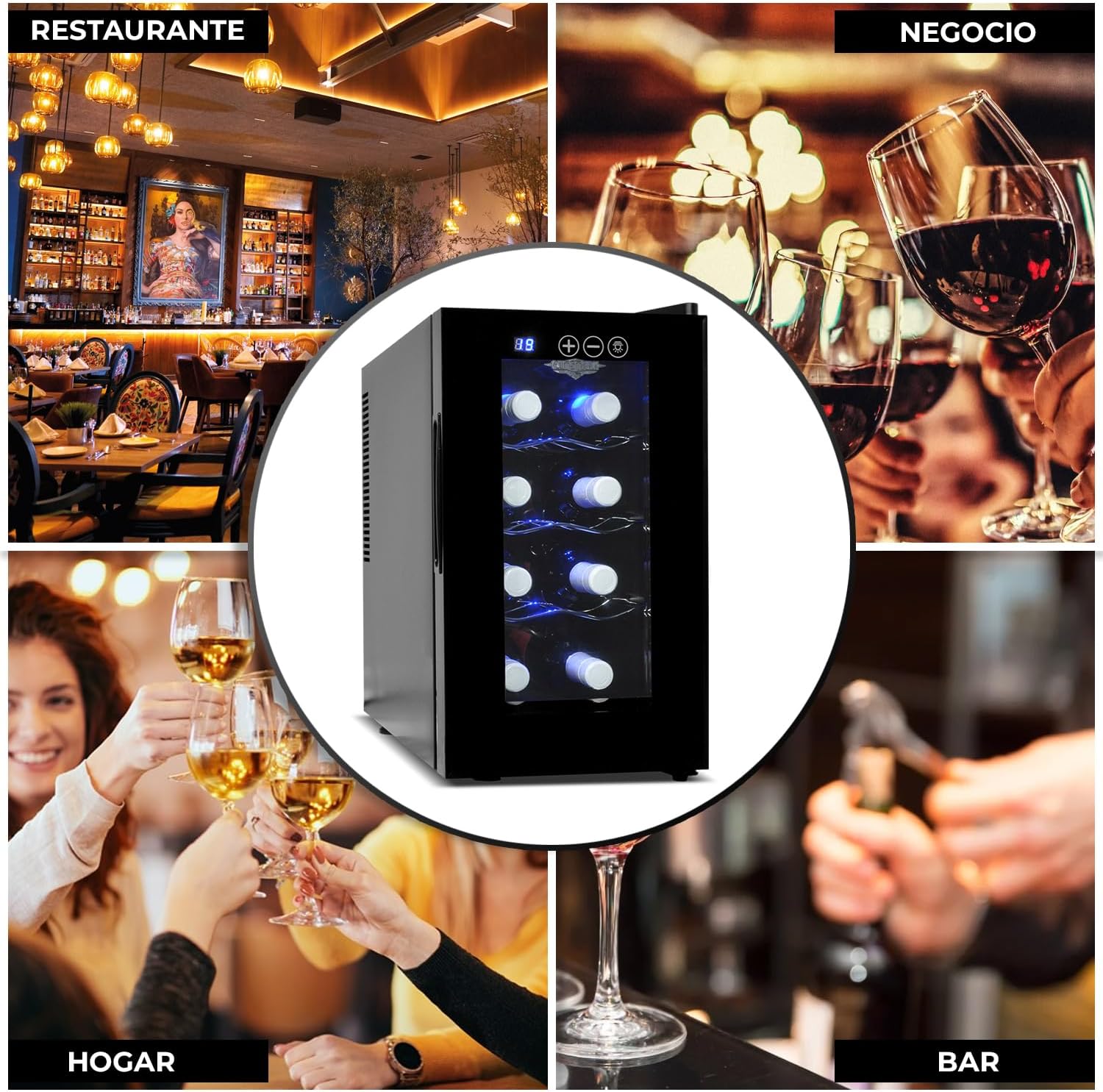 RACK & PACK Cava de Vinos para 8 Botellas 3 Rejillas Control de Temperatura Digital Iluminacion Led Azul Enfriador de Vinos Refrigerador para Vino Frigobar 8 – 18° C 55 W 22 L sin Vibraciones