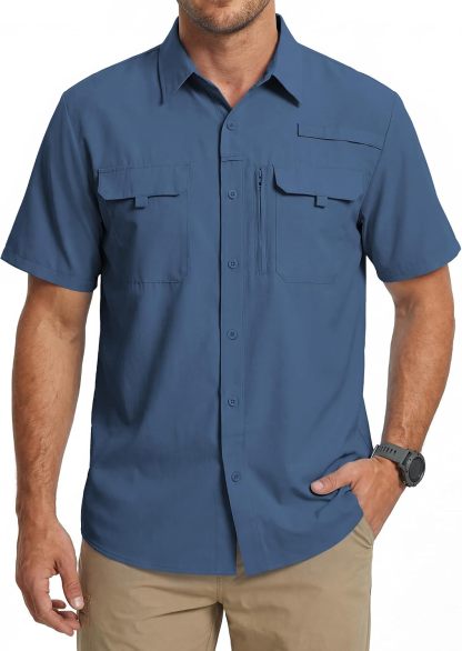 Camisa de trabajo para hombre de verano de manga corta y secado rápido, táctica para exteriores con múltiples bolsillos, transpirable con protección solar y diseño de malla en la espalda