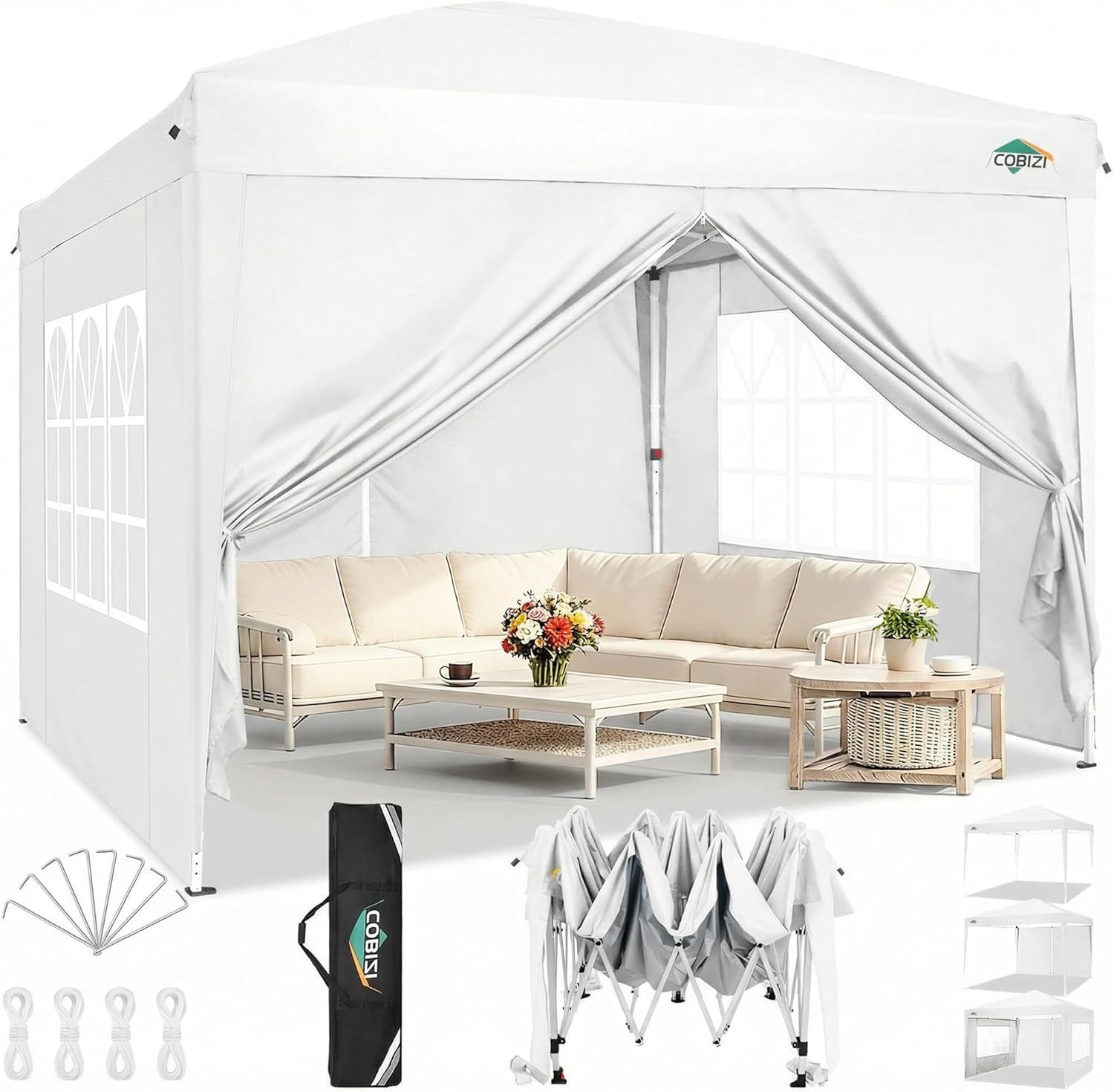 COBIZI - Toldo desplegable de 10 x 10 Pulgadas con Paredes Laterales, Tienda de campaña Resistente con toldo extraíble para Exteriores, Ideal para Bodas, para Todas Las Estaciones, Resistente al