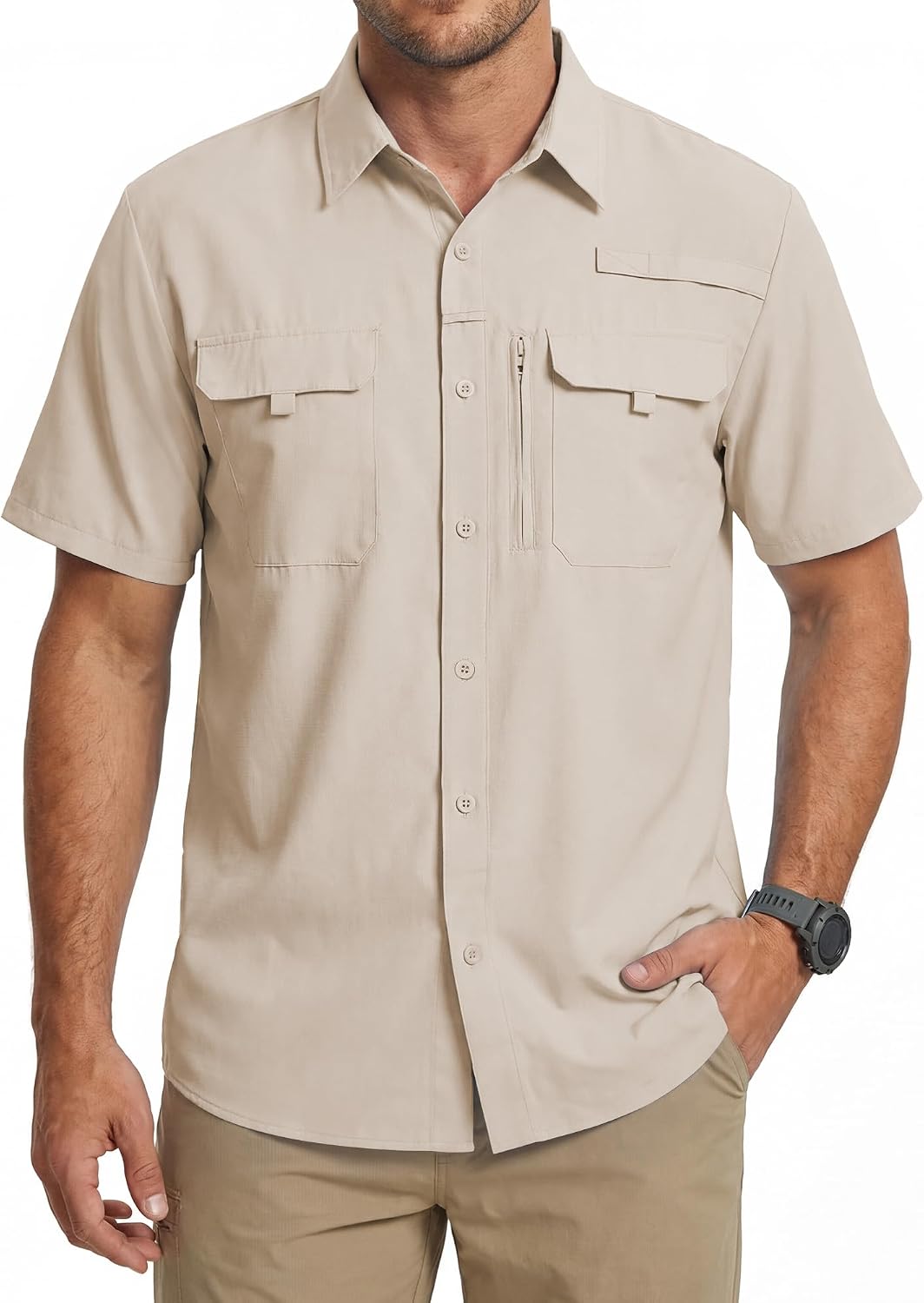 Camisa de trabajo para hombre de verano de manga corta y secado rápido, táctica para exteriores con múltiples bolsillos, transpirable con protección solar y diseño de malla en la espalda