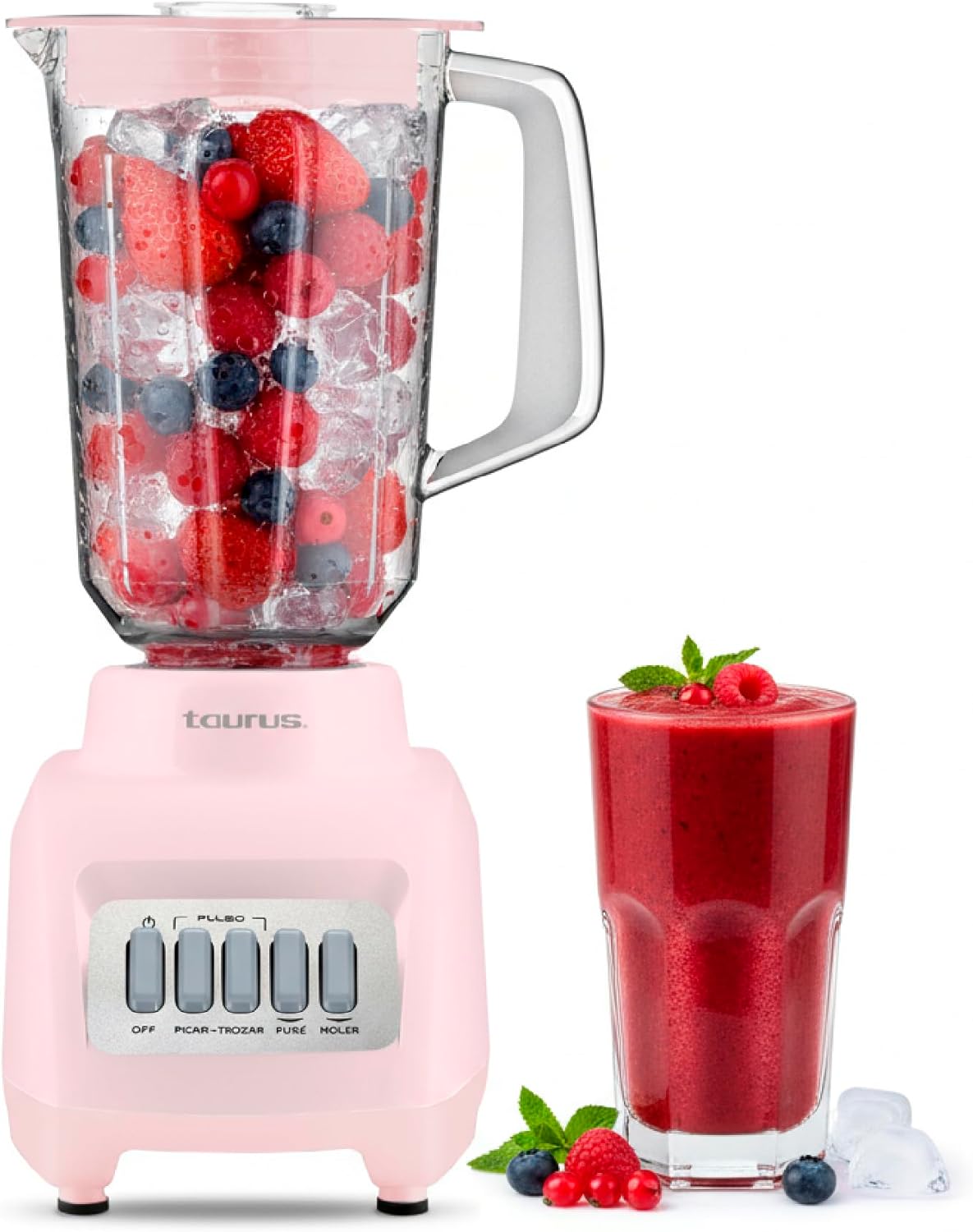Licuadora Rosa Taurus Haley Ribbon, Potente 500W, ideal para smoothies y jugos, jarra de plástico de 1.65 L, compacta y Moderna
