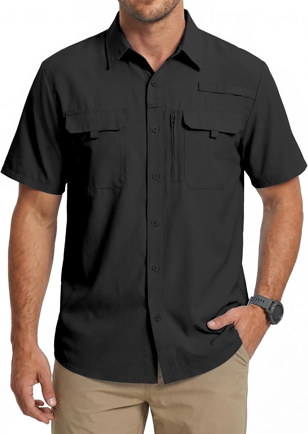 Camisa de trabajo para hombre de verano de manga corta y secado rápido, táctica para exteriores con múltiples bolsillos, transpirable con protección solar y diseño de malla en la espalda