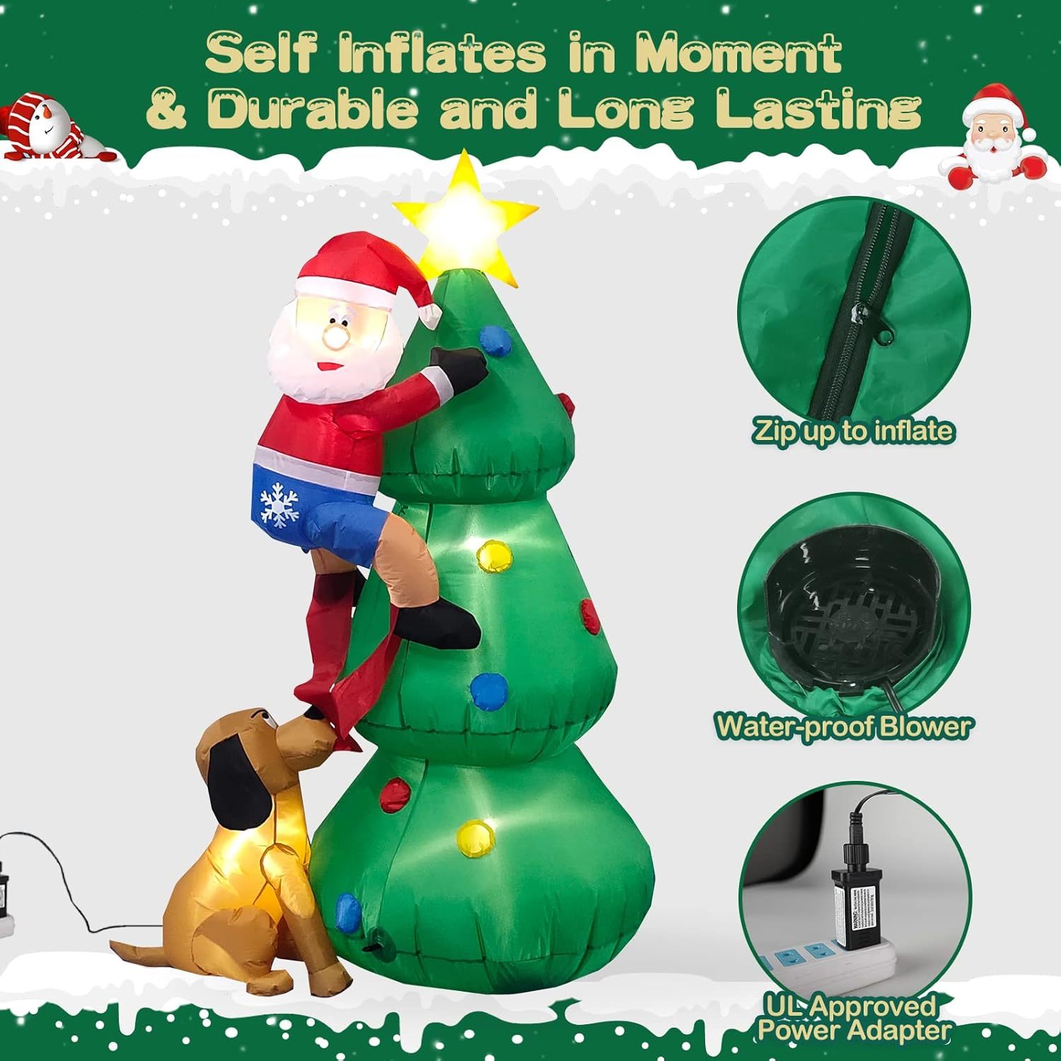 Danxilu 1.83M Arbol de Navidad Inflable con Papá Noel Perro Decoraciones al Aire Libre, Inflables Navidad Arbol Santa Claus para el Patio Inflables Navideños Decoración Iluminada con Leds