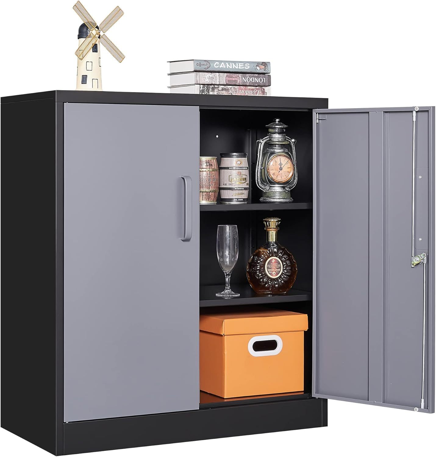 Letaya - Gabinetes de almacenamiento de metal con puerta de cerradura y estantes, gabinetes de herramientas de cochera de acero para el hogar, oficina, almacén, taquillas (36 pulgadas, negro y gris)
