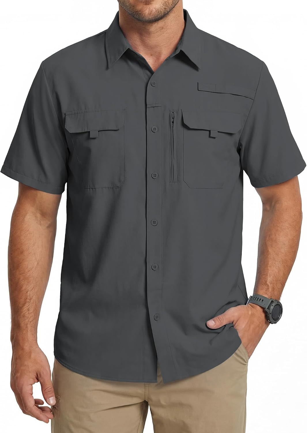 Camisa de trabajo para hombre de verano de manga corta y secado rápido, táctica para exteriores con múltiples bolsillos, transpirable con protección solar y diseño de malla en la espalda