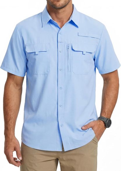 Camisa de trabajo para hombre de verano de manga corta y secado rápido, táctica para exteriores con múltiples bolsillos, transpirable con protección solar y diseño de malla en la espalda