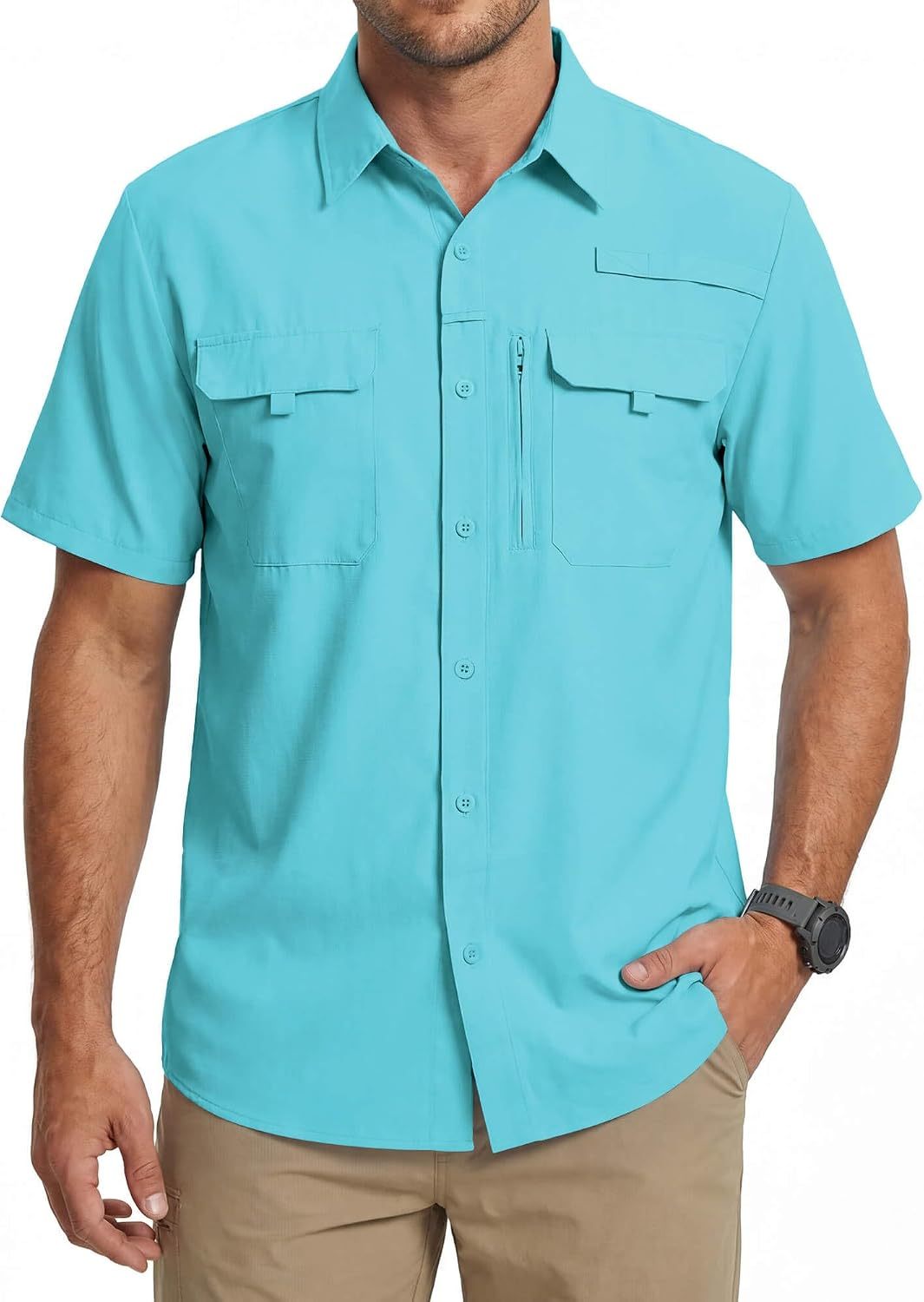 Camisa de trabajo para hombre de verano de manga corta y secado rápido, táctica para exteriores con múltiples bolsillos, transpirable con protección solar y diseño de malla en la espalda