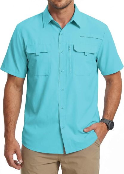 Camisa de trabajo para hombre de verano de manga corta y secado rápido, táctica para exteriores con múltiples bolsillos, transpirable con protección solar y diseño de malla en la espalda