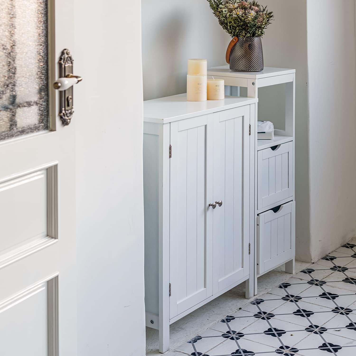 Gabinete de Almacenamiento para Piso de Baño con Puerta Doble, Estante Ajustable, para Baño, Sala de Estar, Cocina, Estilo Nórdico Escandinavo, Fácil Montaje