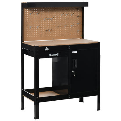 Banco de Trabajo 98,5x48x140 cm Carga 100 kg Mesa de Banco con Panel Perforado Cajón Estante y Armario con Cerradura Negro
