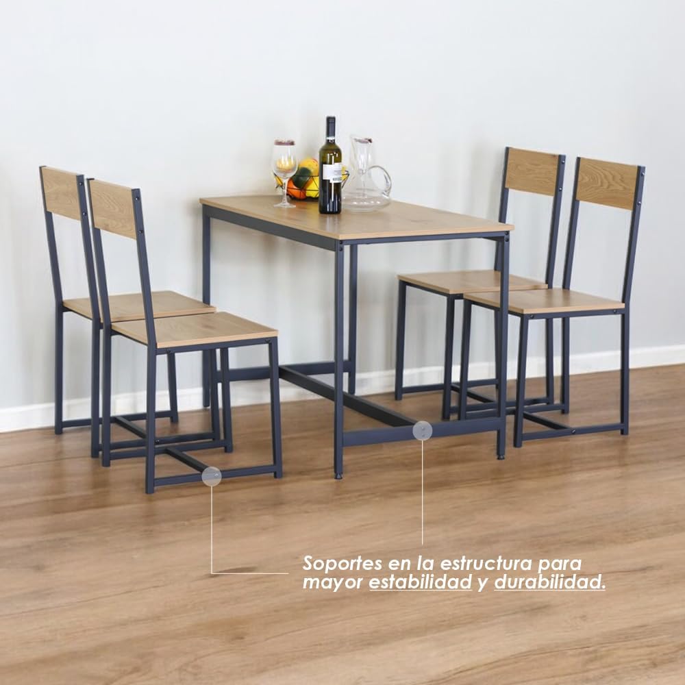 Juego de Comedor Industrial de Madera y Metal | Mesa con Sillas o Bancas | Set para 2 o 4 Personas (4 Sillas - Set para 4 Personas)
