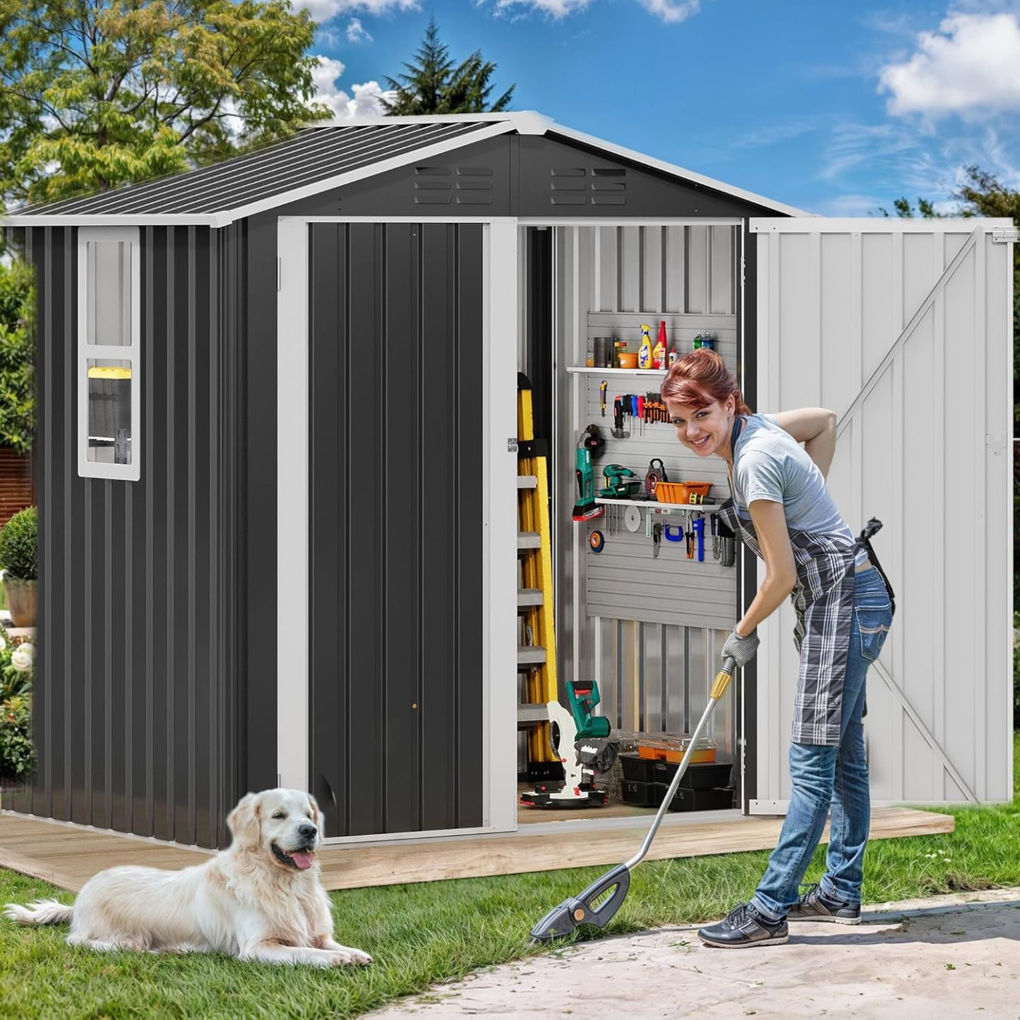 DWVO - Cobertizo de Almacenamiento para Exteriores con Ventana, 6 x 4 pies con Cerradura de Metal con Techo Inclinado para Herramientas, Bicicletas, Ideal para Patio Trasero, Patio, cochera, césped