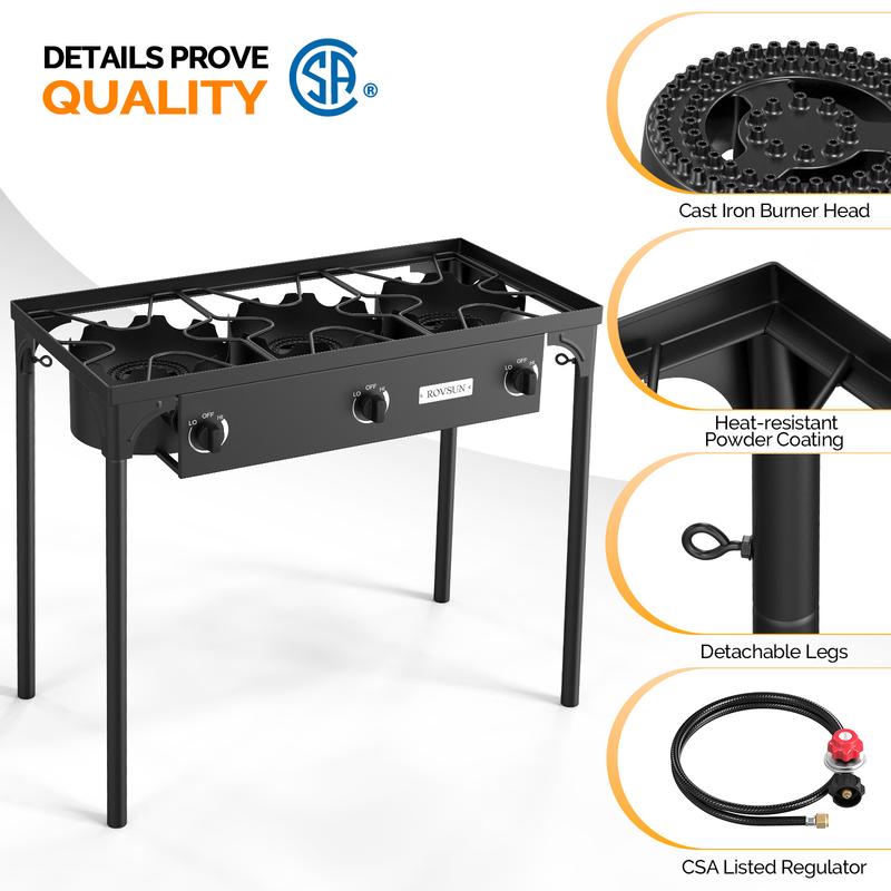 Cocina de gas propano de 1/2/3 quemadores, 75000 BTU/150000 BTU/225000 BTU, quemador de alta presión para exteriores con regulador certificado por CSA, ideal para acampar, preparar cerveza casera, jarabe de arce, cocinar en el patio, freír pavo y conserva