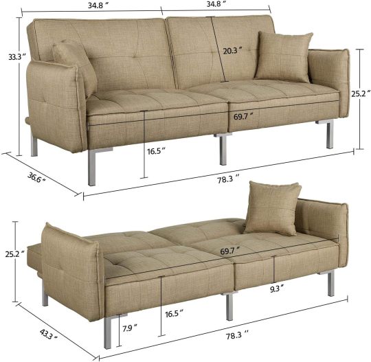 Yaheetech Sofá cama convertible moderno futón sofás, cama plegable y abajo, tela de lino reclinable para sala de estar, color gris-almohada