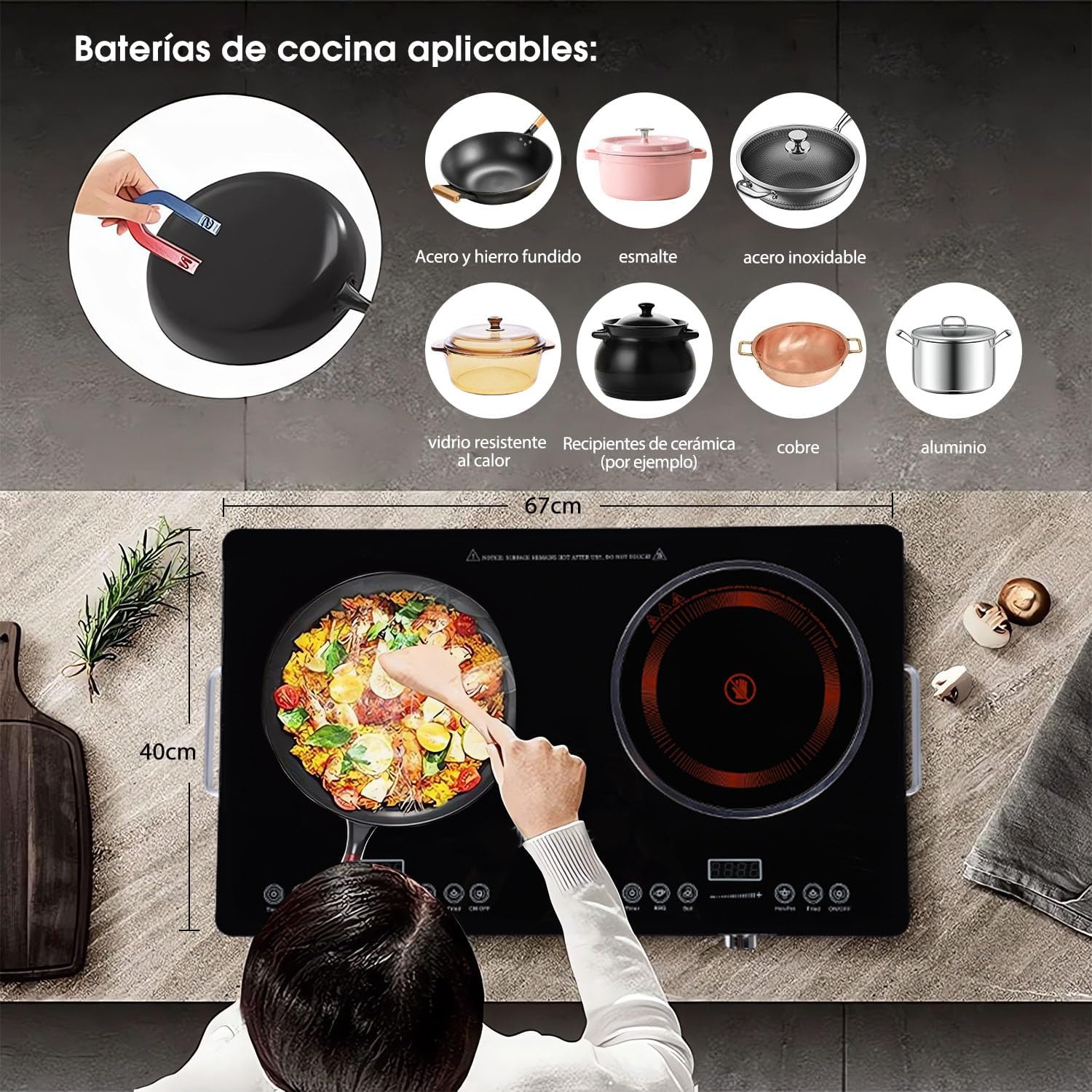3500W Parrilla de Inducción Eléctrica, 1850W+1850W Control Independiente Cocina por Inducción de Doble Horno, 10 Niveles de Temperatura y Potencia, Sistema de Seguridad, Pantalla LCD Touch