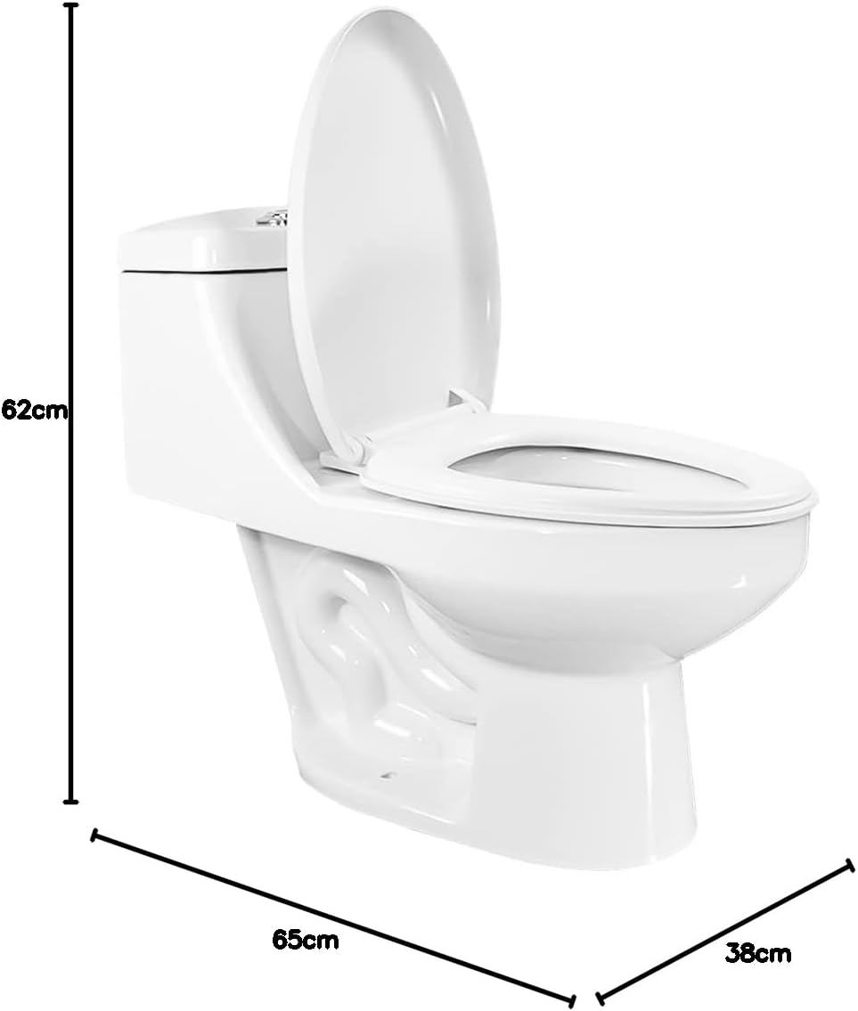 Inodoro de una Pieza para Baño, WC Escusado Color Blanco en Cerámica con Válvula de Carga y Descarga, con Asiento de Cierre Suave.